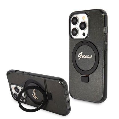MagSafe Case for Apple iPhone 15 Pro Max, Guess, IML Ring Stand Glitter, Black