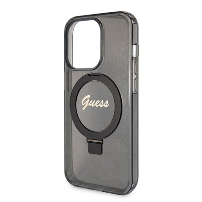 MagSafe Case for Apple iPhone 15 Pro Max, Guess, IML Ring Stand Glitter, Black