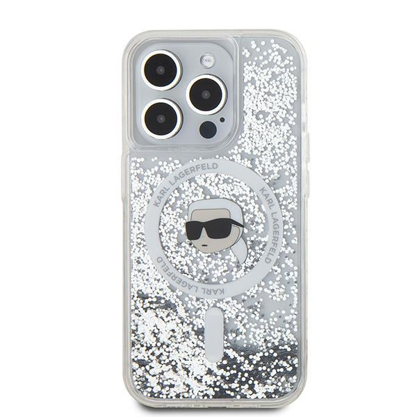 MagSafe Case for Apple iPhone 15 Pro Max, Karl Lagerfeld, Liquid Glitter Karl's Head, Transparent