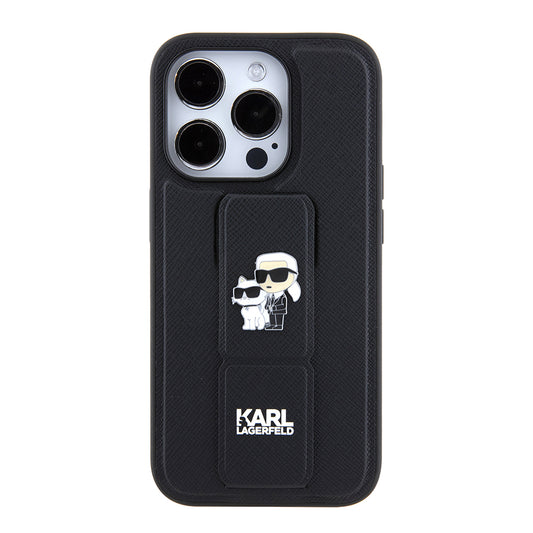MagSafe Case for Apple iPhone 15 Pro Max, Karl Lagerfeld, Saffiano Gripstand Karl & Choupette, Black
