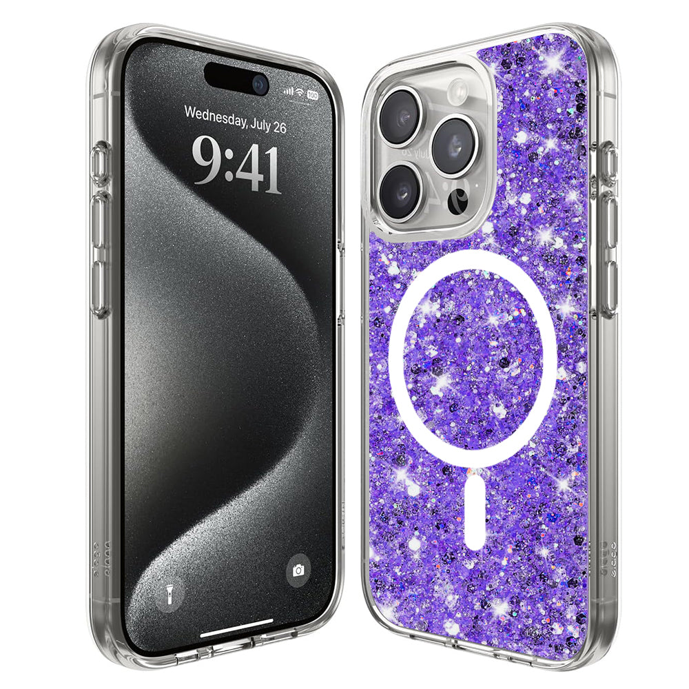 MagSafe Case for Apple iPhone 15 Pro, Techsuit, Sparkly Glitter, Purple