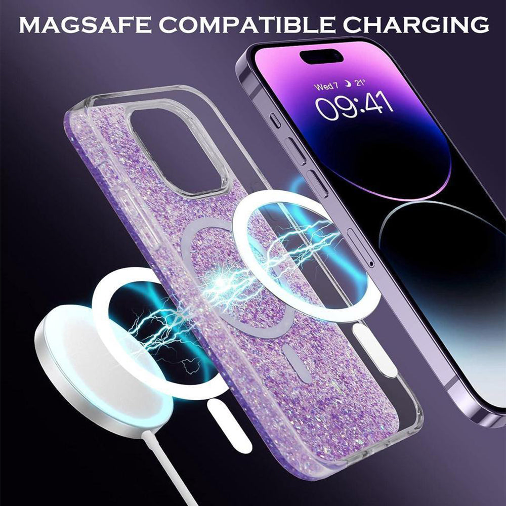 MagSafe Case for Apple iPhone 15 Pro, Techsuit, Sparkly Glitter, Purple