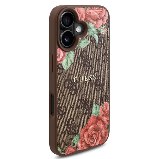MagSafe Case for Apple iPhone 16, Guess, 4G Flowers Print, Brown