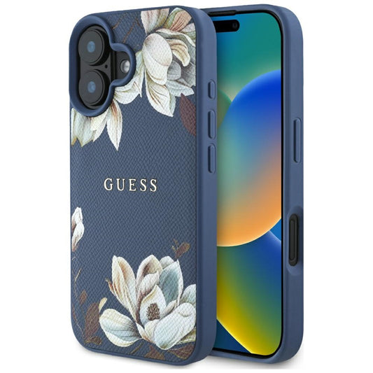 MagSafe Case for Apple iPhone 16, Guess, Grained Flowers, Blue