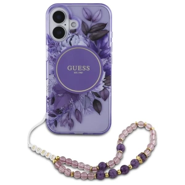 MagSafe Case for Apple iPhone 16, Guess, IML Flowers with Pearl Strap, Purple