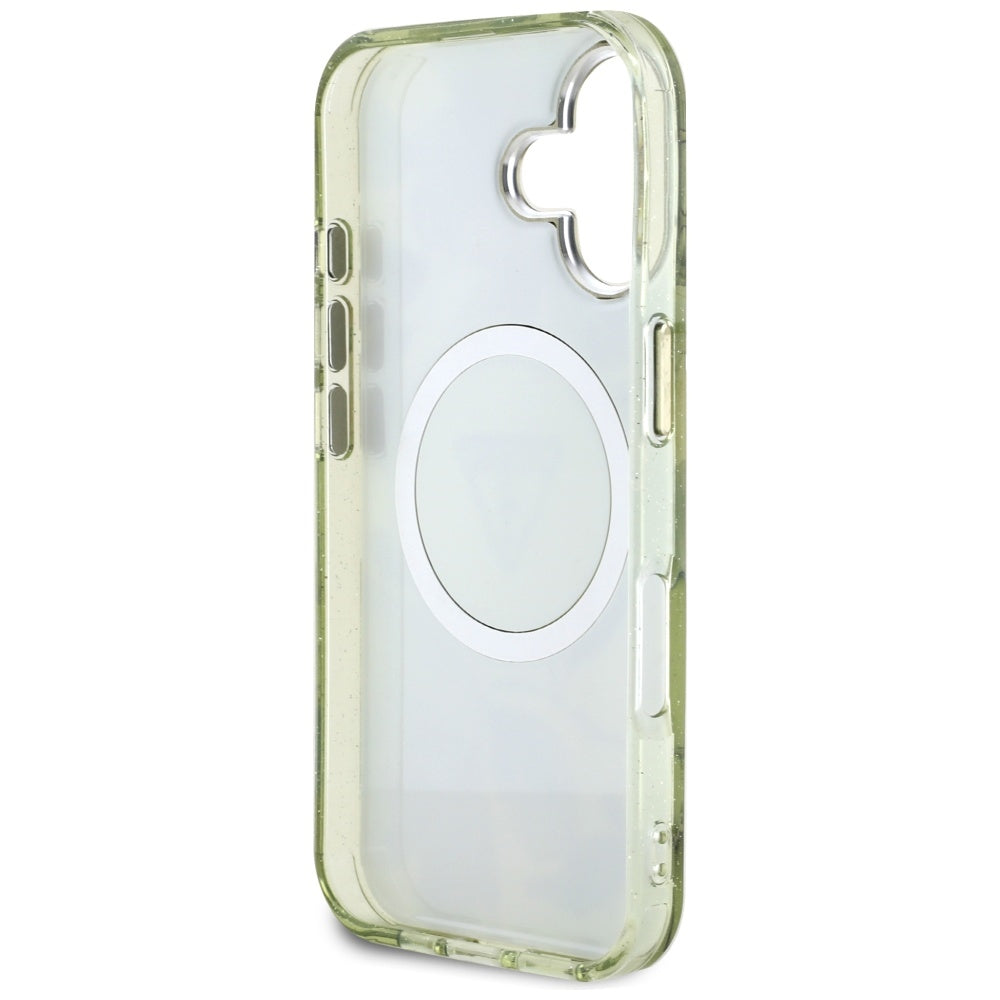 MagSafe Case for Apple iPhone 16, Guess, IML Metal Glitter Flowers Triangle, Green