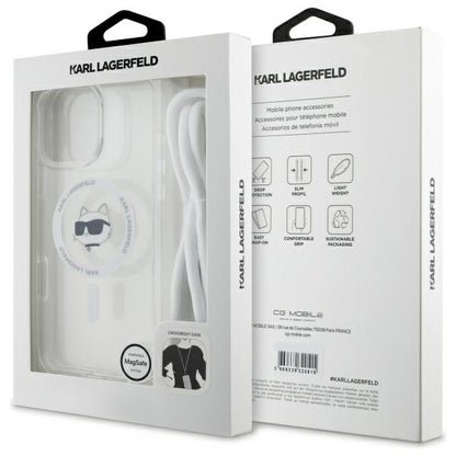 MagSafe Case for Apple iPhone 16, Karl Lagerfeld, IML Crossbody Choupette's Head with Strap, Transparent