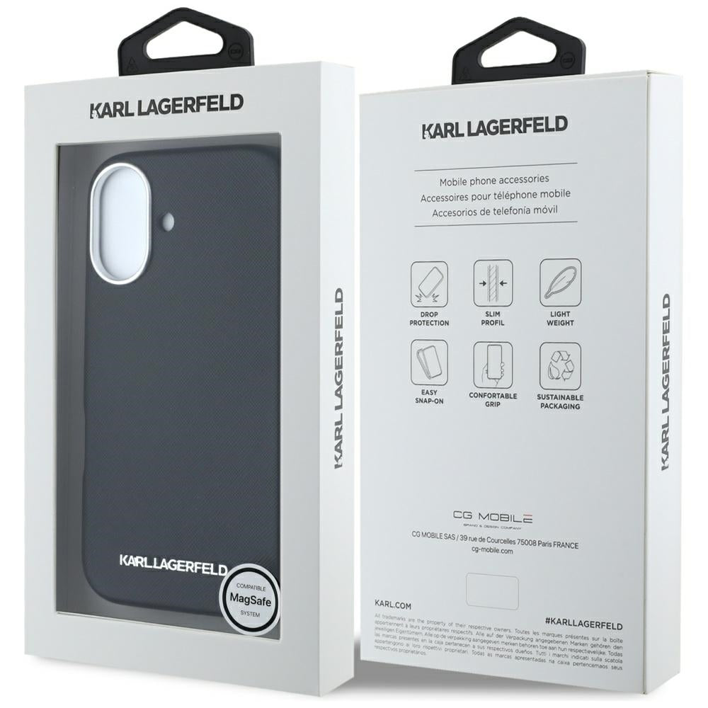 MagSafe Case for Apple iPhone 16, Karl Lagerfeld, Saffiano Full Wrapped Elongated Metal Logo, Black