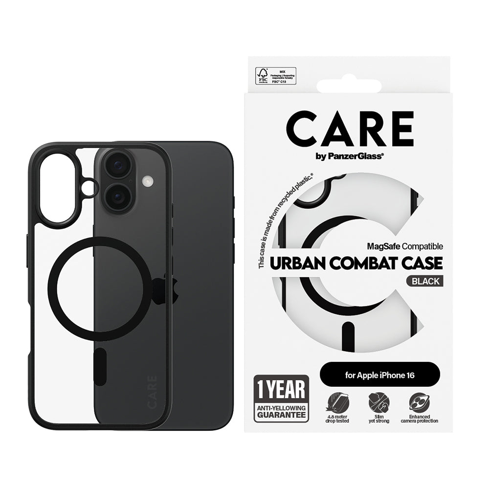 MagSafe Case for Apple iPhone 16, PanzerGlass, Urban Combat Care, Transparent Black