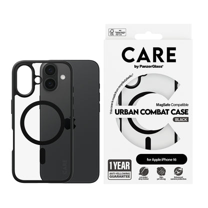 MagSafe Case for Apple iPhone 16, PanzerGlass, Urban Combat Care, Transparent Black