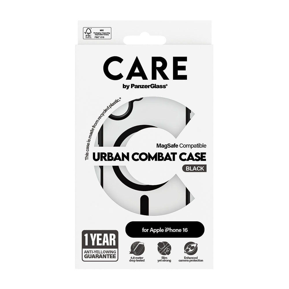 MagSafe Case for Apple iPhone 16, PanzerGlass, Urban Combat Care, Transparent Black