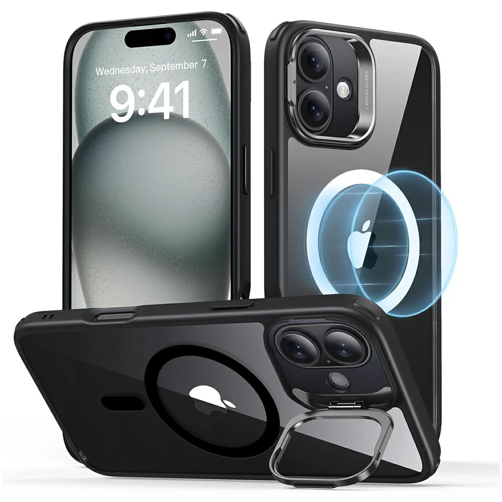 MagSafe Case for Apple iPhone 16 Plus, ESR, Classic Hybrid Kickstand, Black Transparent