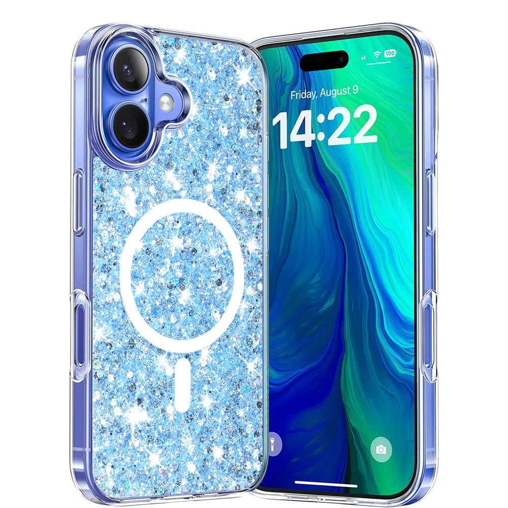 MagSafe Case for Apple iPhone 16 Plus, Techsuit, Sparkly Glitter, Blue