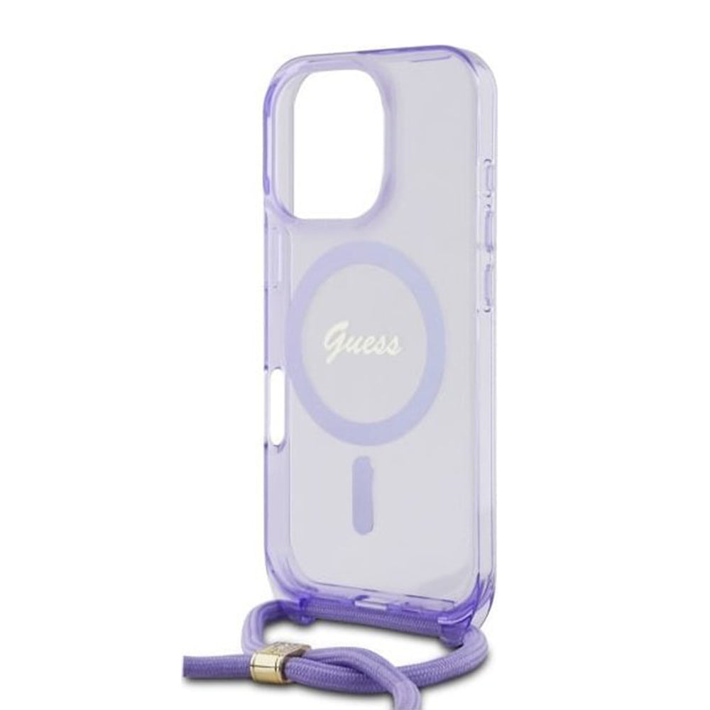 MagSafe Case for Apple iPhone 16 Pro, Guess, IML Crossbody Cord Script, Purple