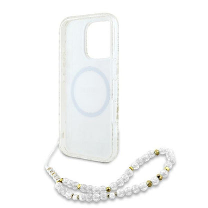 MagSafe Case for Apple iPhone 16 Pro, Guess, IML Flowers Allover Electroplated with Pearl Strap, White