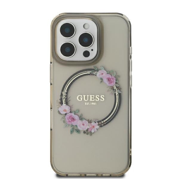 MagSafe Case for Apple iPhone 16 Pro, Guess, IML Flowers Wreath, Black