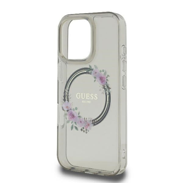MagSafe Case for Apple iPhone 16 Pro, Guess, IML Flowers Wreath, Black