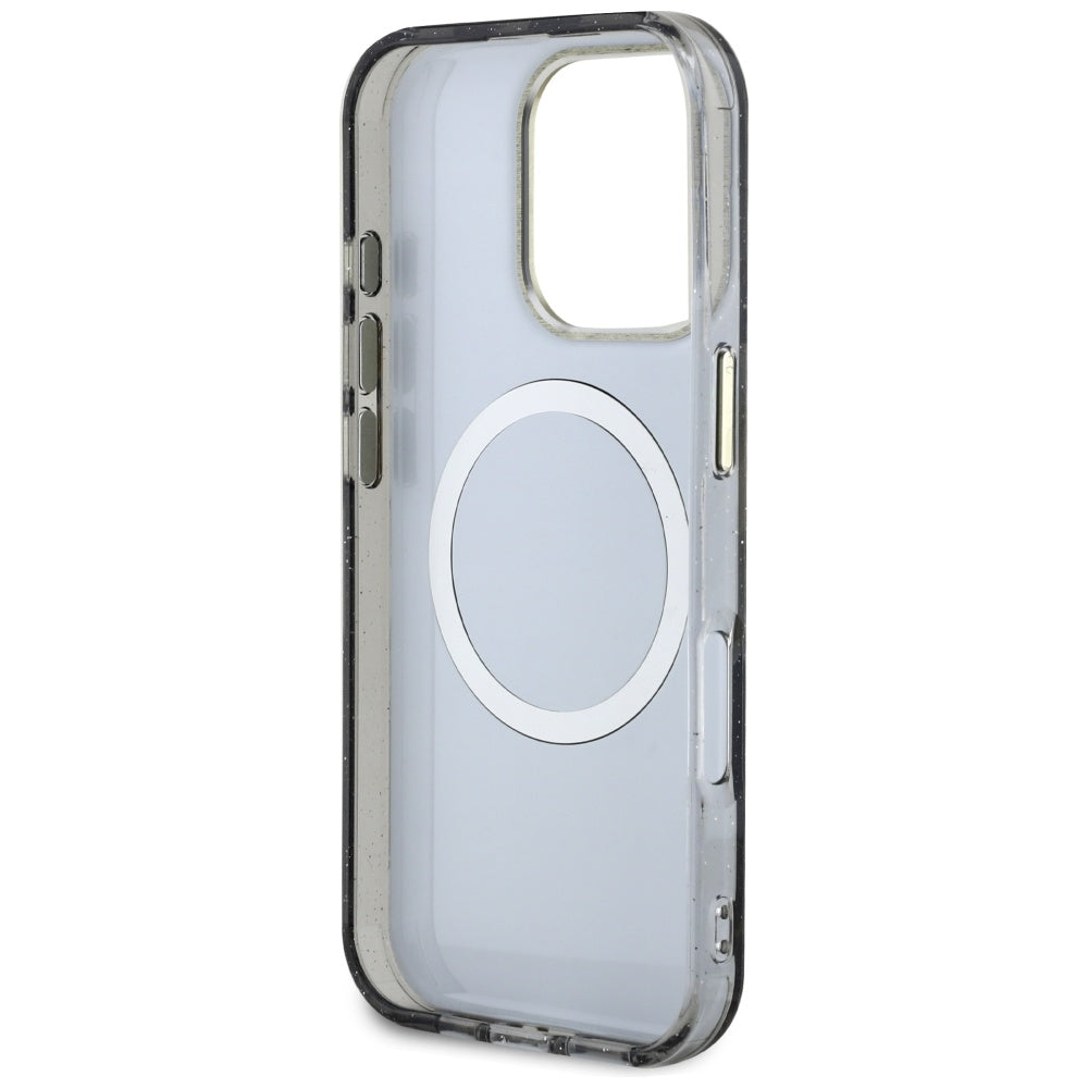 MagSafe Case for Apple iPhone 16 Pro, Guess, IML Metal Glitter Flowers Triangle, Black