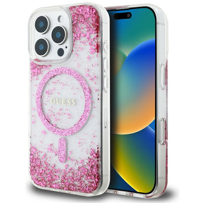 MagSafe Case for Apple iPhone 16 Pro, Guess, Resin Bottom Glitter, Pink