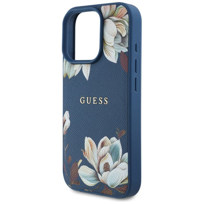 MagSafe Case for Apple iPhone 16 Pro Max, Guess, Grained Flowers, Blue