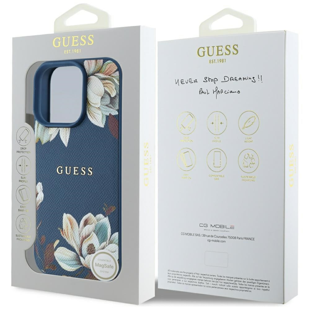 MagSafe Case for Apple iPhone 16 Pro Max, Guess, Grained Flowers, Blue