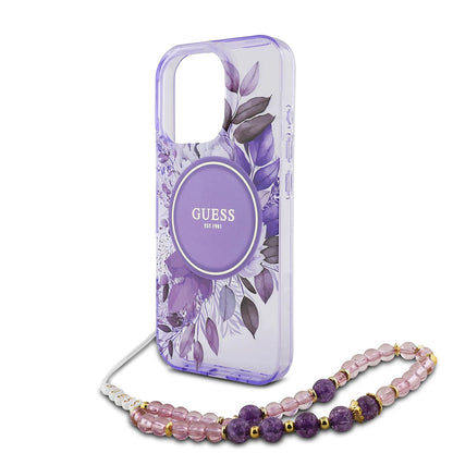 MagSafe Case for Apple iPhone 16 Pro Max, Guess, IML Flowers with Pearl Strap, Purple