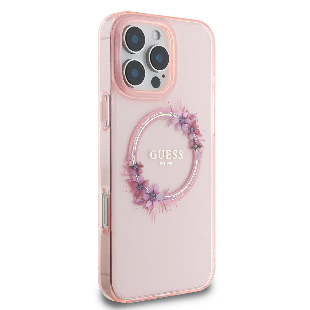 MagSafe Case for Apple iPhone 16 Pro Max, Guess, IML Flowers Wreath, Pink