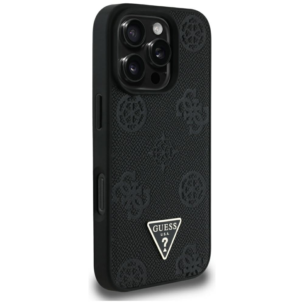 MagSafe Case for Apple iPhone 16 Pro Max, Guess, Peony Grained Hot Stamp Triangle, Black