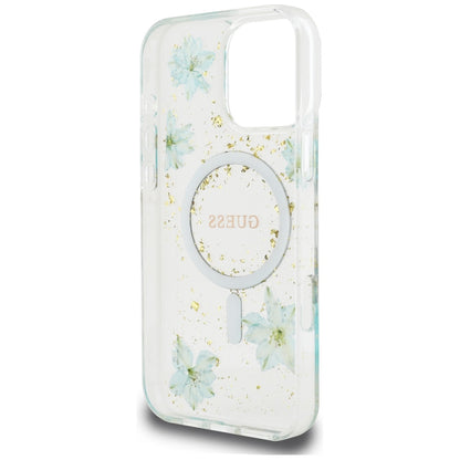 MagSafe Case for Apple iPhone 16 Pro Max, Guess, Resin Flowers and Glitter, Turquoise