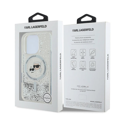 MagSafe Case for Apple iPhone 16 Pro Max, Karl Lagerfeld, Liquid Glitter Karl & Choupette's Heads, Transparent