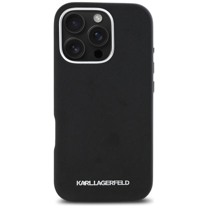 MagSafe Case for Apple iPhone 16 Pro Max, Karl Lagerfeld, Saffiano Full Wrapped Elongated Metal Logo, Black