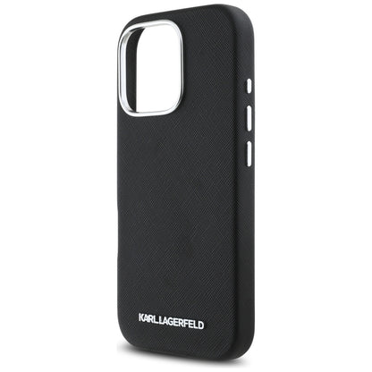 MagSafe Case for Apple iPhone 16 Pro Max, Karl Lagerfeld, Saffiano Full Wrapped Elongated Metal Logo, Black
