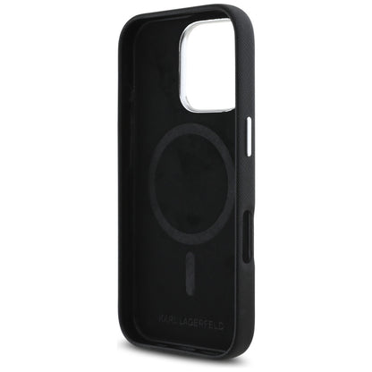 MagSafe Case for Apple iPhone 16 Pro Max, Karl Lagerfeld, Saffiano Full Wrapped Elongated Metal Logo, Black