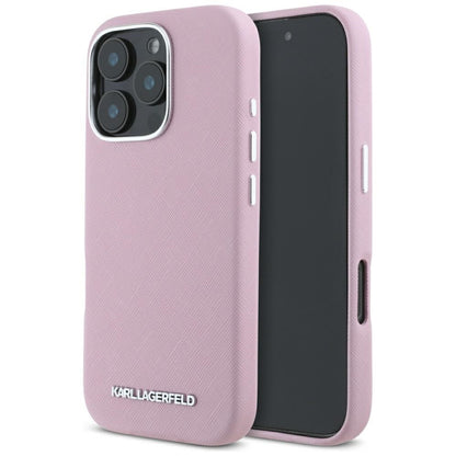 MagSafe Case for Apple iPhone 16 Pro Max, Karl Lagerfeld, Saffiano Full Wrapped Elongated Metal Logo, Pink