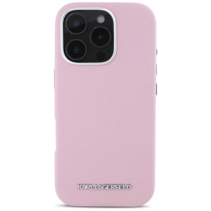 MagSafe Case for Apple iPhone 16 Pro Max, Karl Lagerfeld, Saffiano Full Wrapped Elongated Metal Logo, Pink