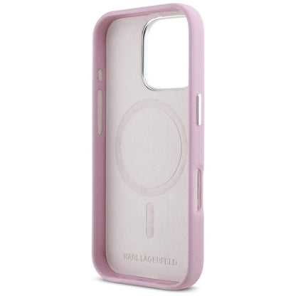 MagSafe Case for Apple iPhone 16 Pro Max, Karl Lagerfeld, Saffiano Full Wrapped Elongated Metal Logo, Pink