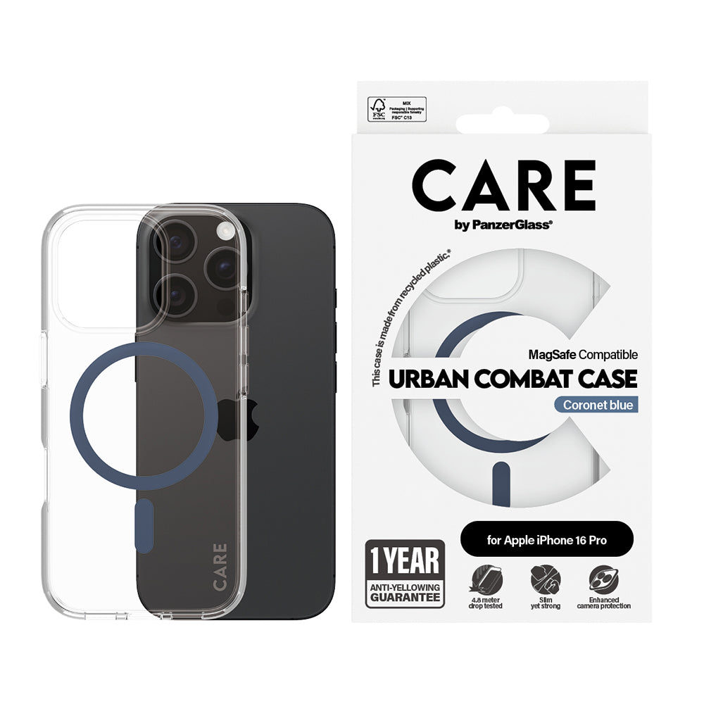 MagSafe Case for Apple iPhone 16 Pro, PanzerGlass, Urban Combat Care, Blue Transparent