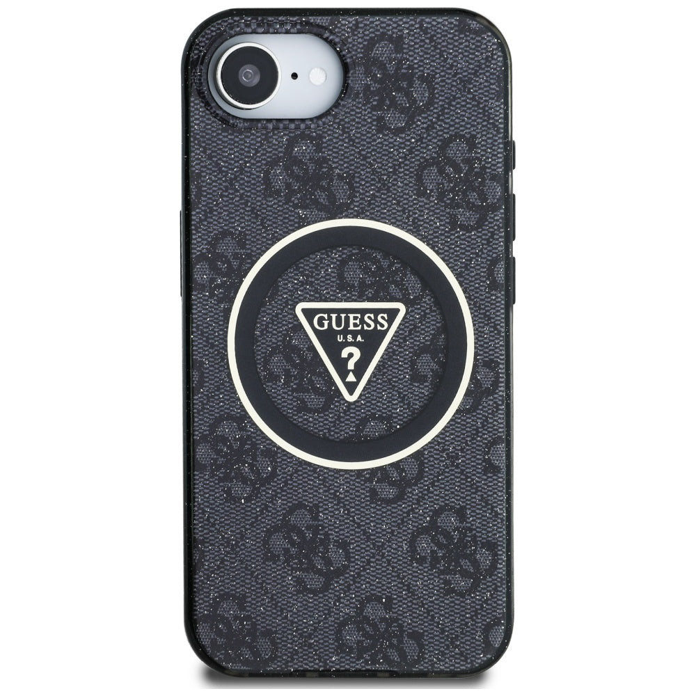 MagSafe Case for Apple iPhone 16e, Guess, IML Glitter 4G Circle Triangle, Black
