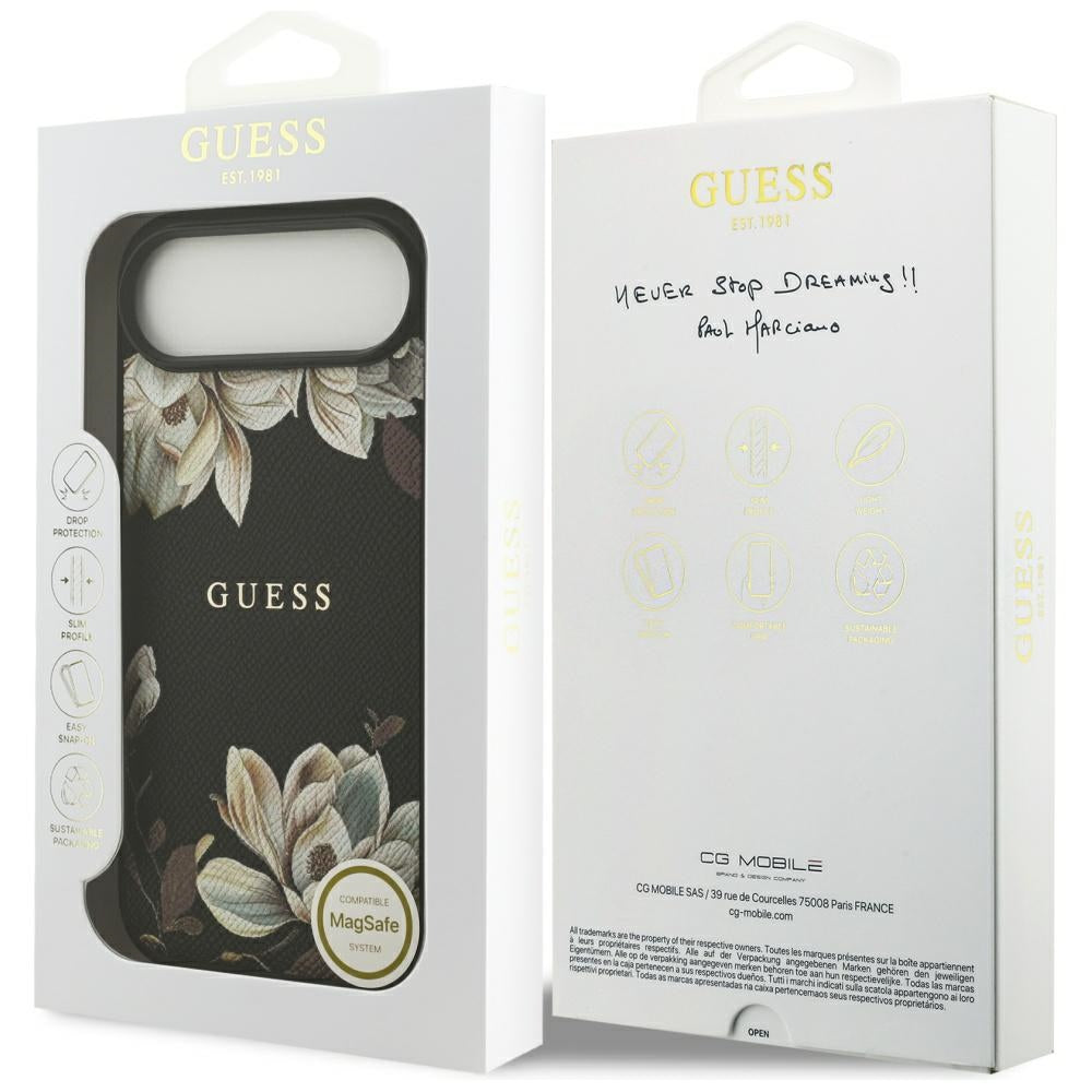 MagSafe Case for Apple iPhone 17 Air, Guess, Grained Flowers, Black