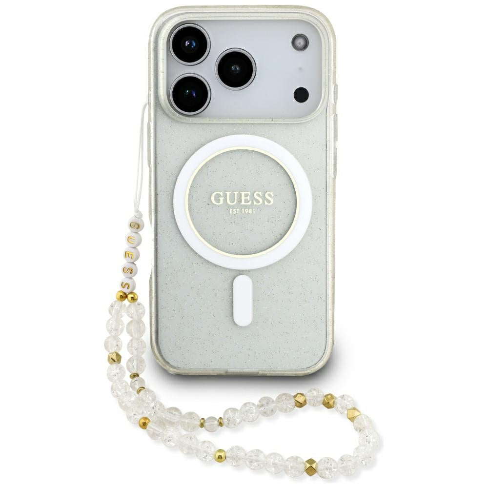 MagSafe Case for Apple iPhone 17 Pro, Guess, IML Glitter with Pearl Strap, Transparent