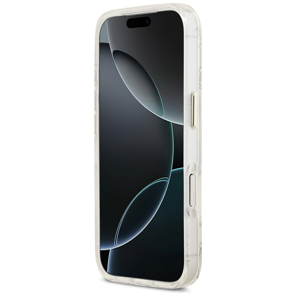 MagSafe Case for Apple iPhone 17 Pro, Guess, IML Metal Glitter Flowers Triangle, White