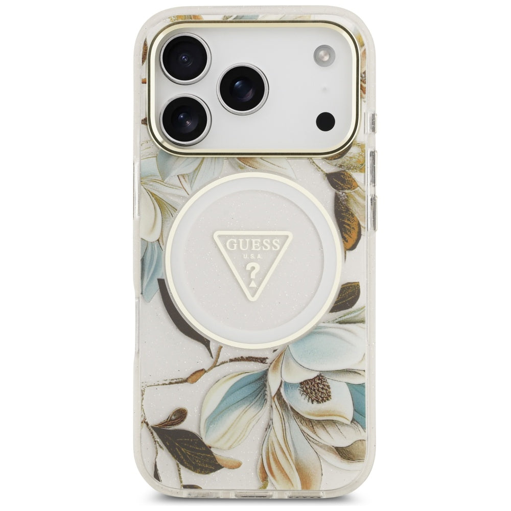 MagSafe Case for Apple iPhone 17 Pro, Guess, IML Metal Glitter Flowers Triangle, White