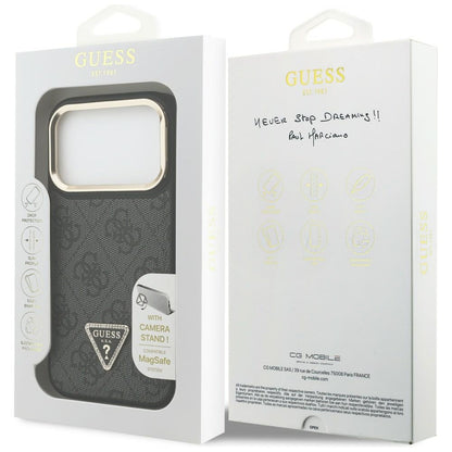 MagSafe Case for Apple iPhone 17 Pro Max, Guess, 4G Triangle Logo with Stand Camera, Black Gold