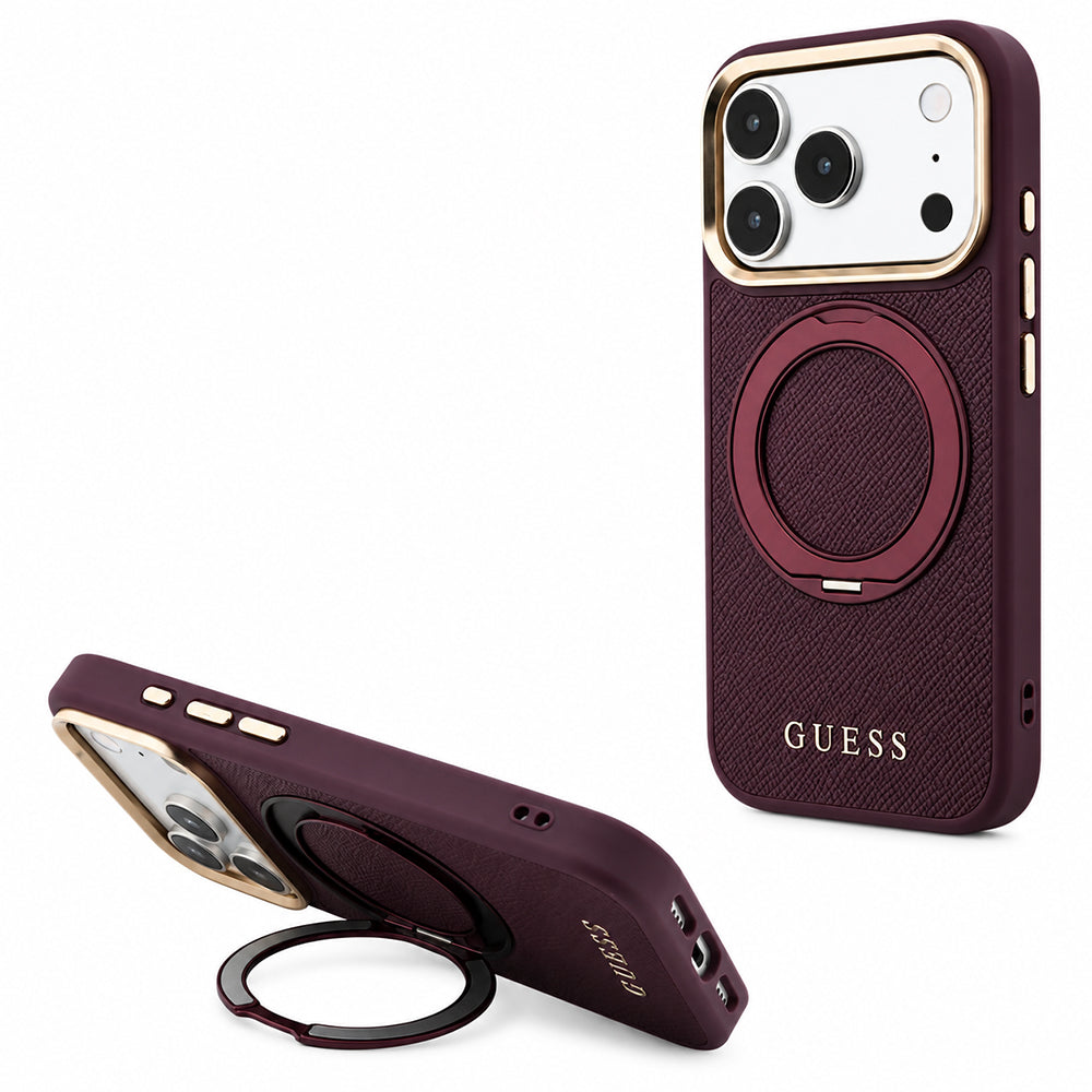 MagSafe Case for Apple iPhone 18 Pro / 17 Pro, Guess Grained Ring Stand 360 Classic, Burgundy