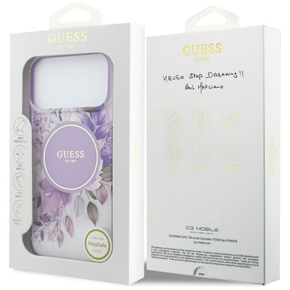 MagSafe Case for Apple iPhone 18 Pro / 17 Pro, Guess, IML Flowers with Pearl Strap, Purple
