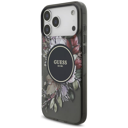 MagSafe Case for Apple iPhone 18 Pro / 17 Pro, Guess, IML Flowers with Pearl Strap, Black