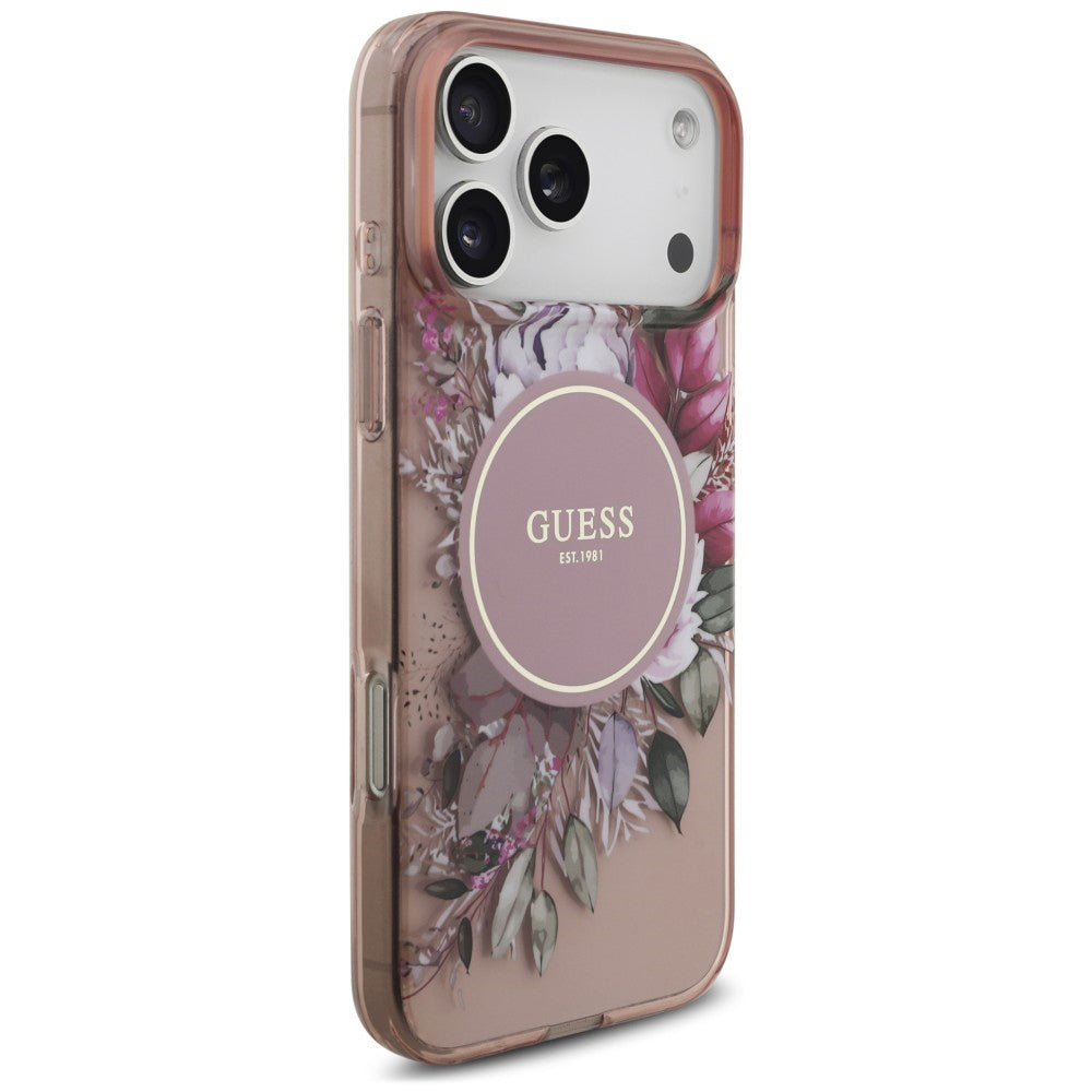 MagSafe Case for Apple iPhone 18 Pro / 17 Pro, Guess, IML Flowers with Pearl Strap, Pink