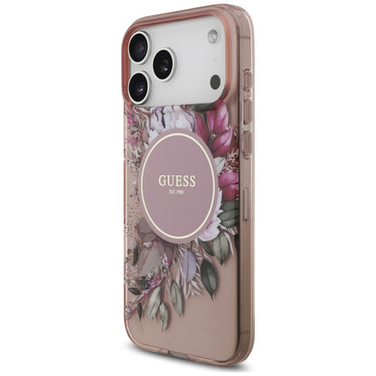 MagSafe Case for Apple iPhone 18 Pro / 17 Pro, Guess, IML Flowers with Pearl Strap, Pink