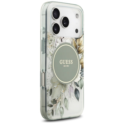 MagSafe Case for Apple iPhone 18 Pro / 17 Pro, Guess, IML Flowers with Pearl Strap, Green
