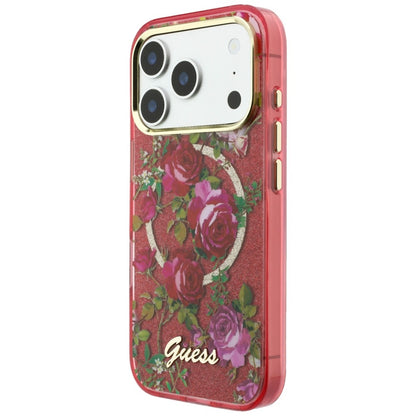 MagSafe Case for Apple iPhone 18 Pro / 17 Pro, Guess, IML Glitter Blossom Roses, Burgundy